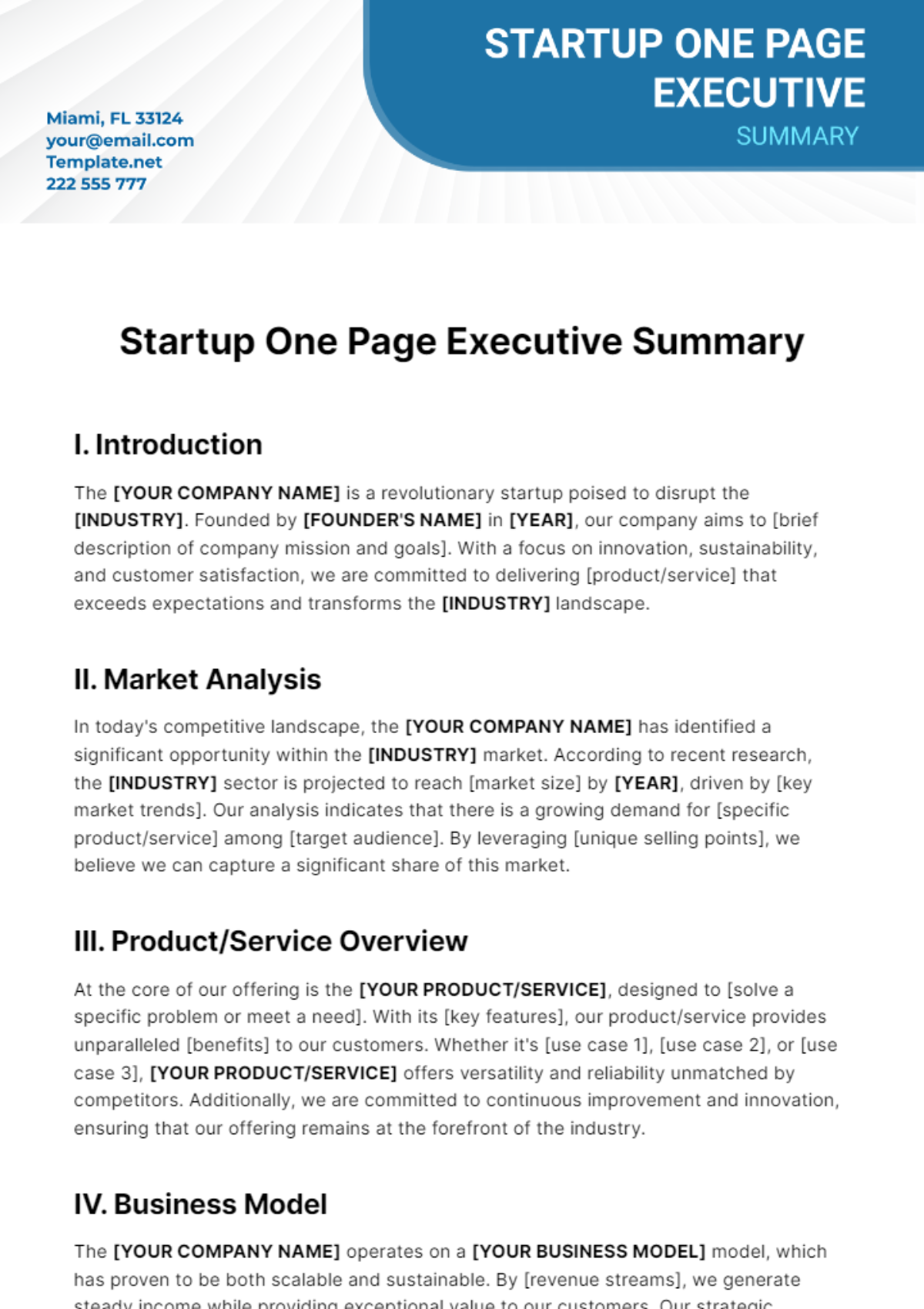 Startup One Page Executive Summary Template