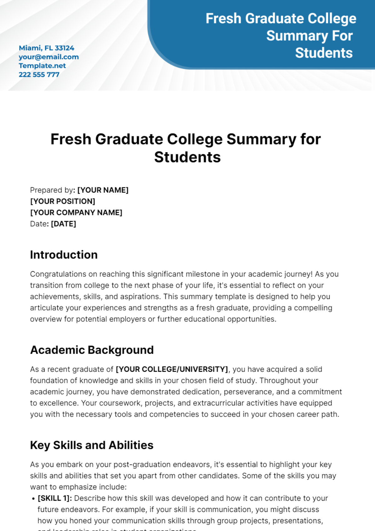 Fresh Graduate College Summary for Students Template - Edit Online & Download