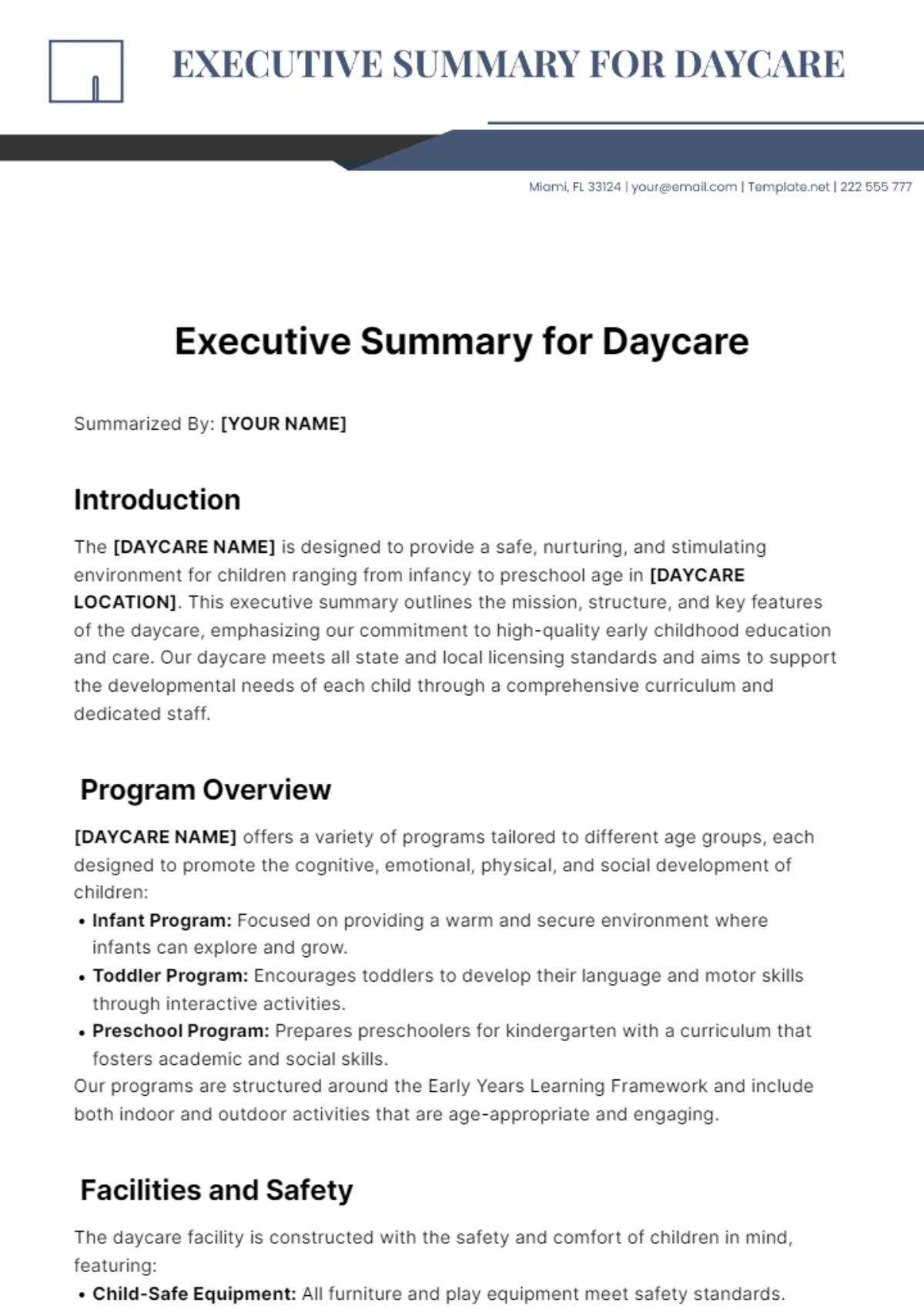 Executive Summary for Daycare Template - Edit Online & Download