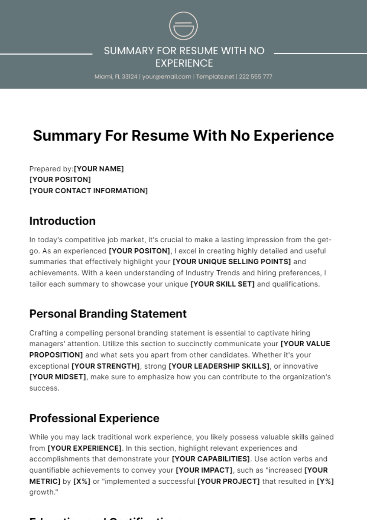 Summary For Resume With No Experience Template
