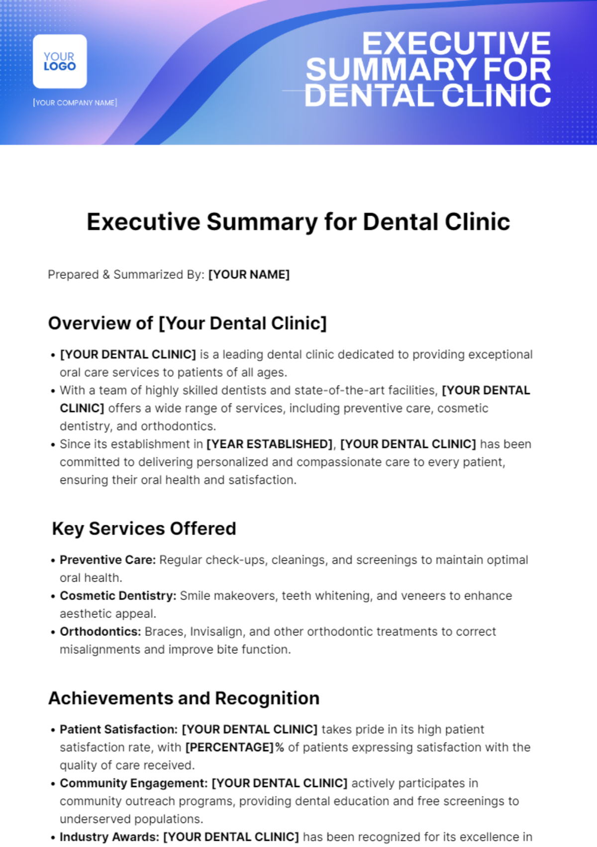 Executive Summary for Dental Clinic Template