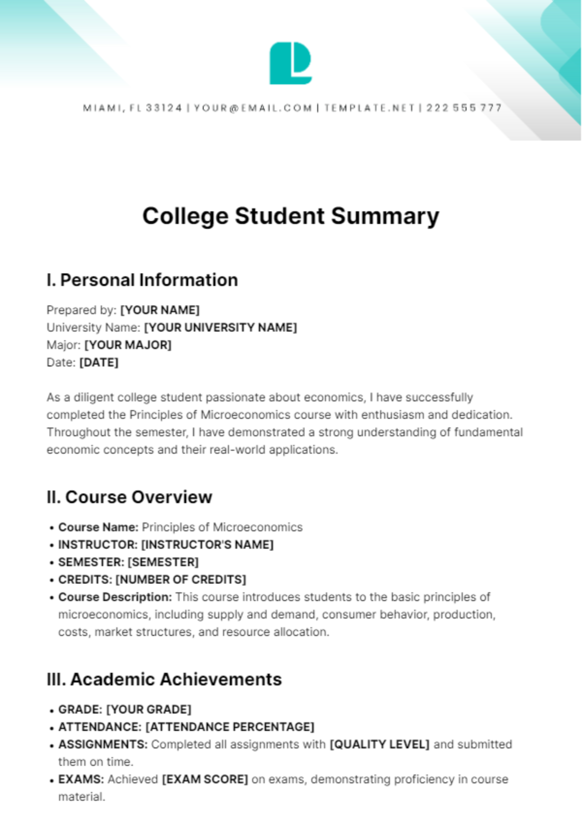 College Student Summary Template