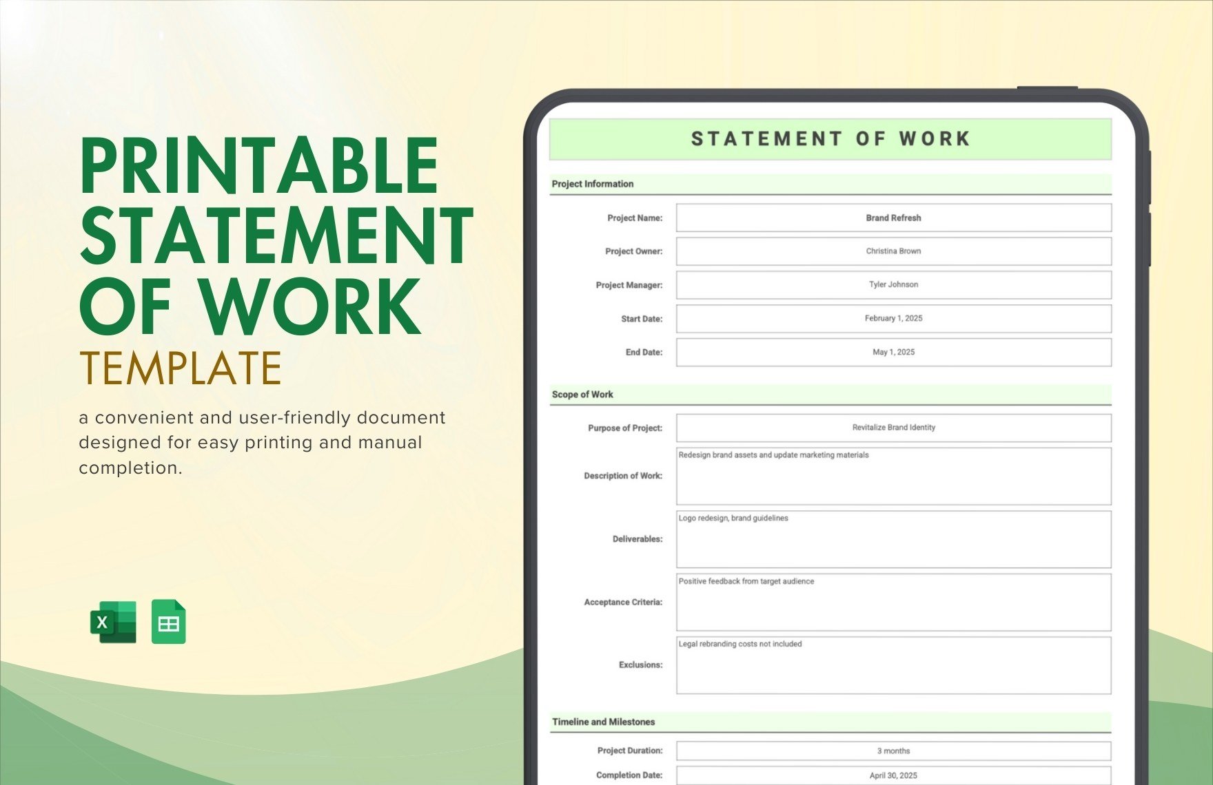 Printable Statement of Work Template in Excel, Google Sheets