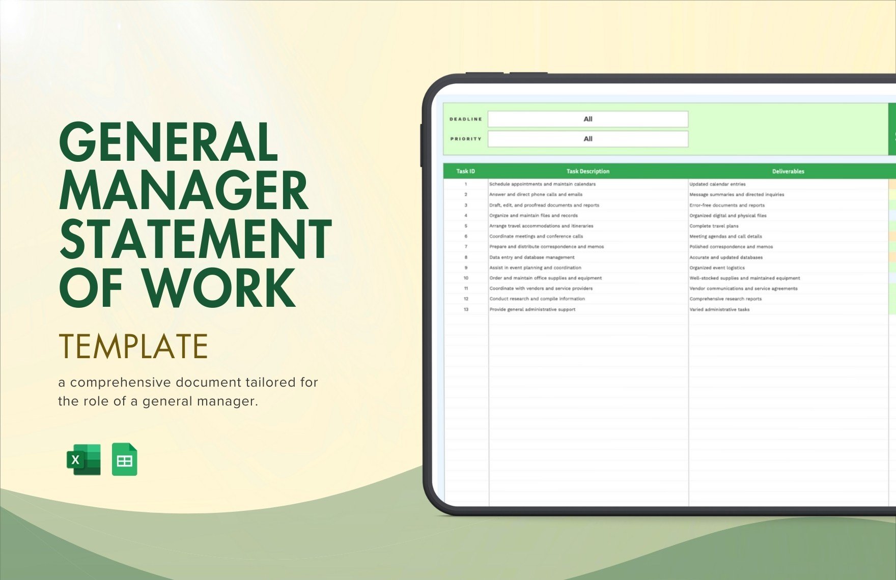 General Manager Statement of Work Template in Excel, Google Sheets
