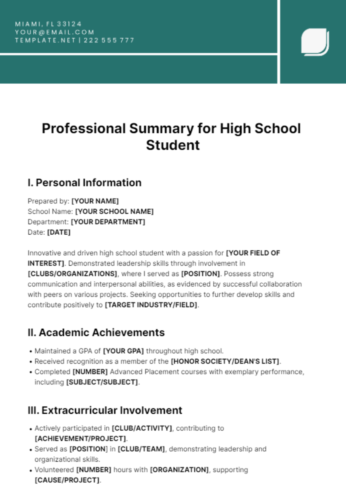 Professional Summary for High School Student Template