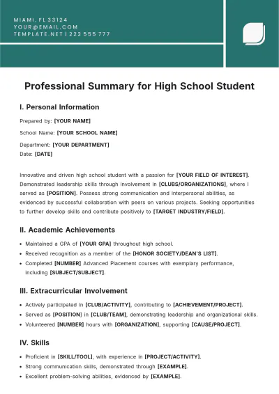 Free Professional Summary for High School Student Template to Edit Online