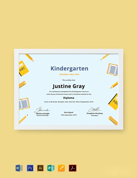 Kindergarten Diploma Certificate Template - Illustrator, Word, Apple Pages, PSD, PDF, Publisher