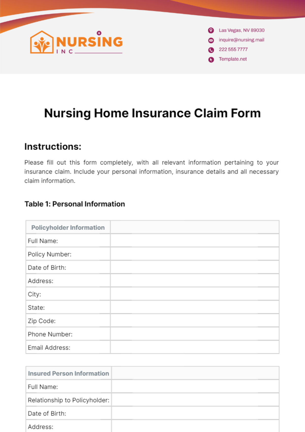 Nursing Home Insurance Claim Form Template