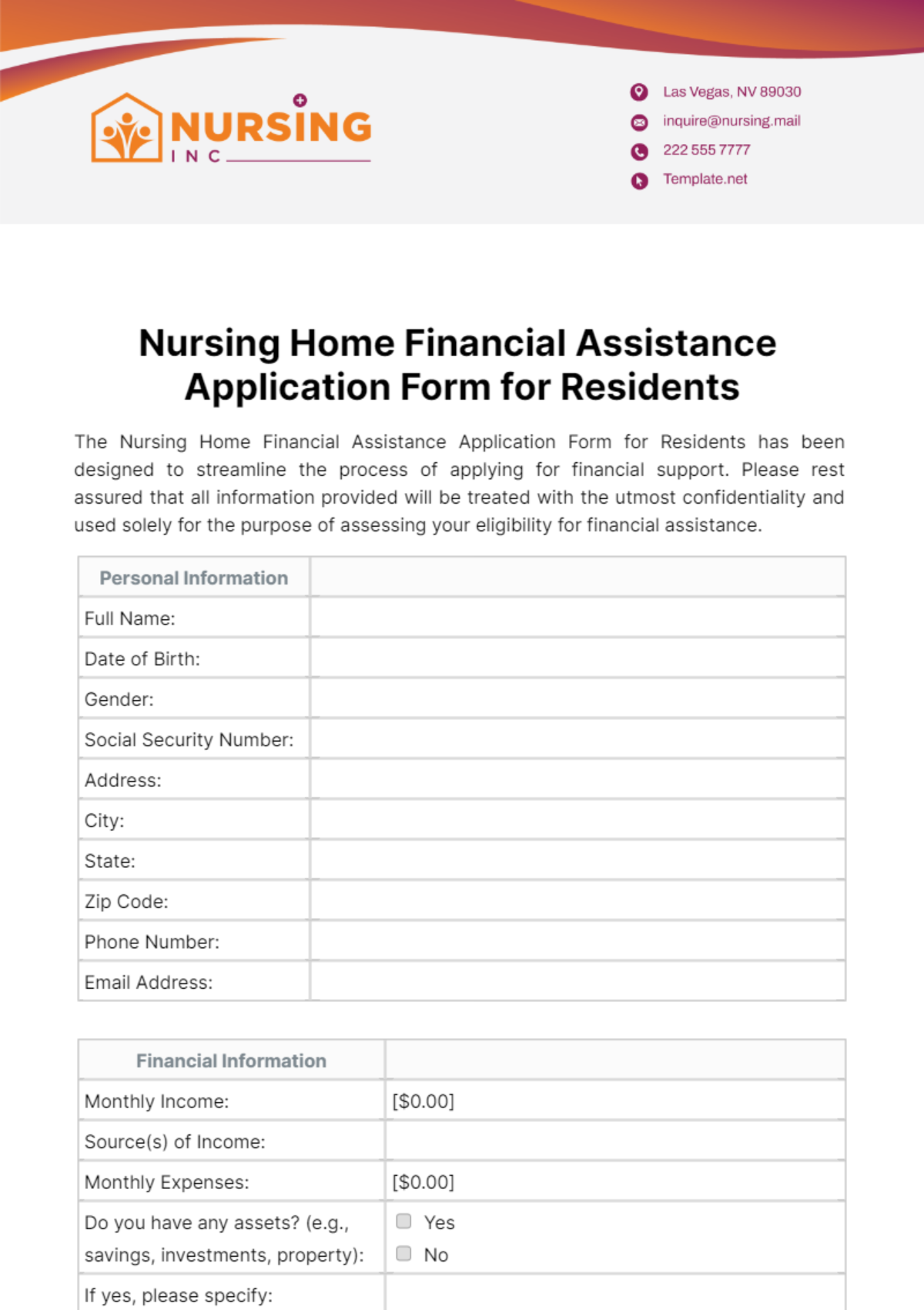 Free Nursing Home Financial Assistance Application Form for Residents Template