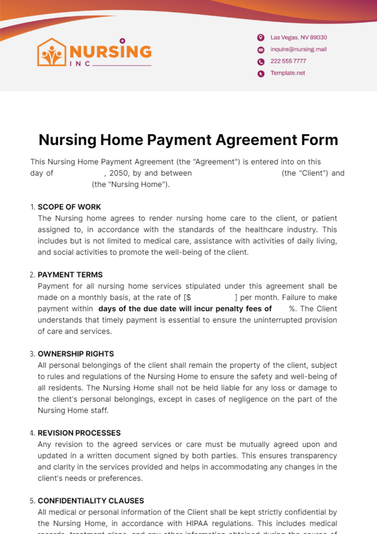 Free Nursing Home Payment Agreement Form Template