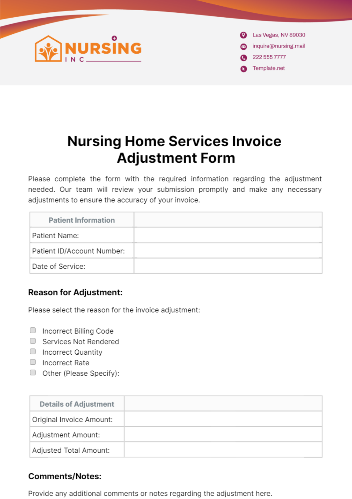 Nursing Home Services Invoice Adjustment Form Template