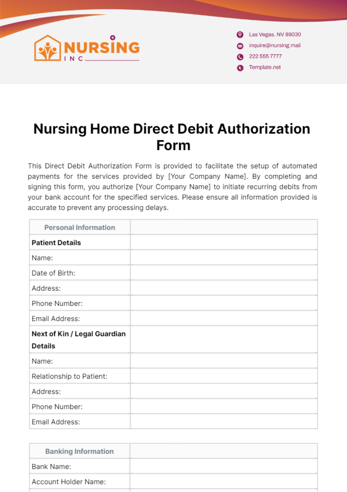 Free Nursing Home Direct Debit Authorization Form Template