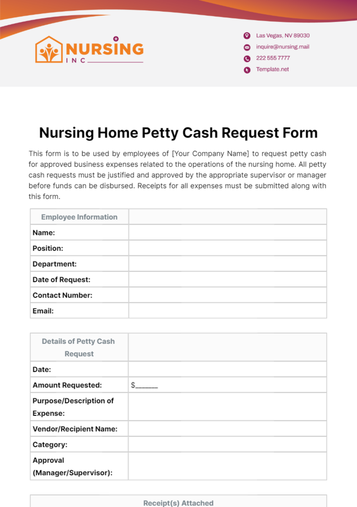 Nursing Home Petty Cash Request Form Template