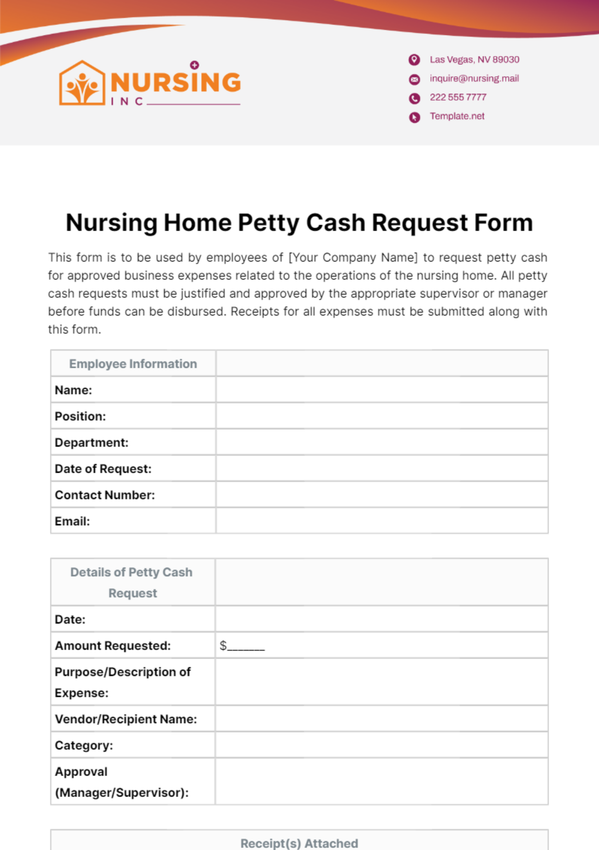 Nursing Home Petty Cash Request Form Template - Edit Online & Download