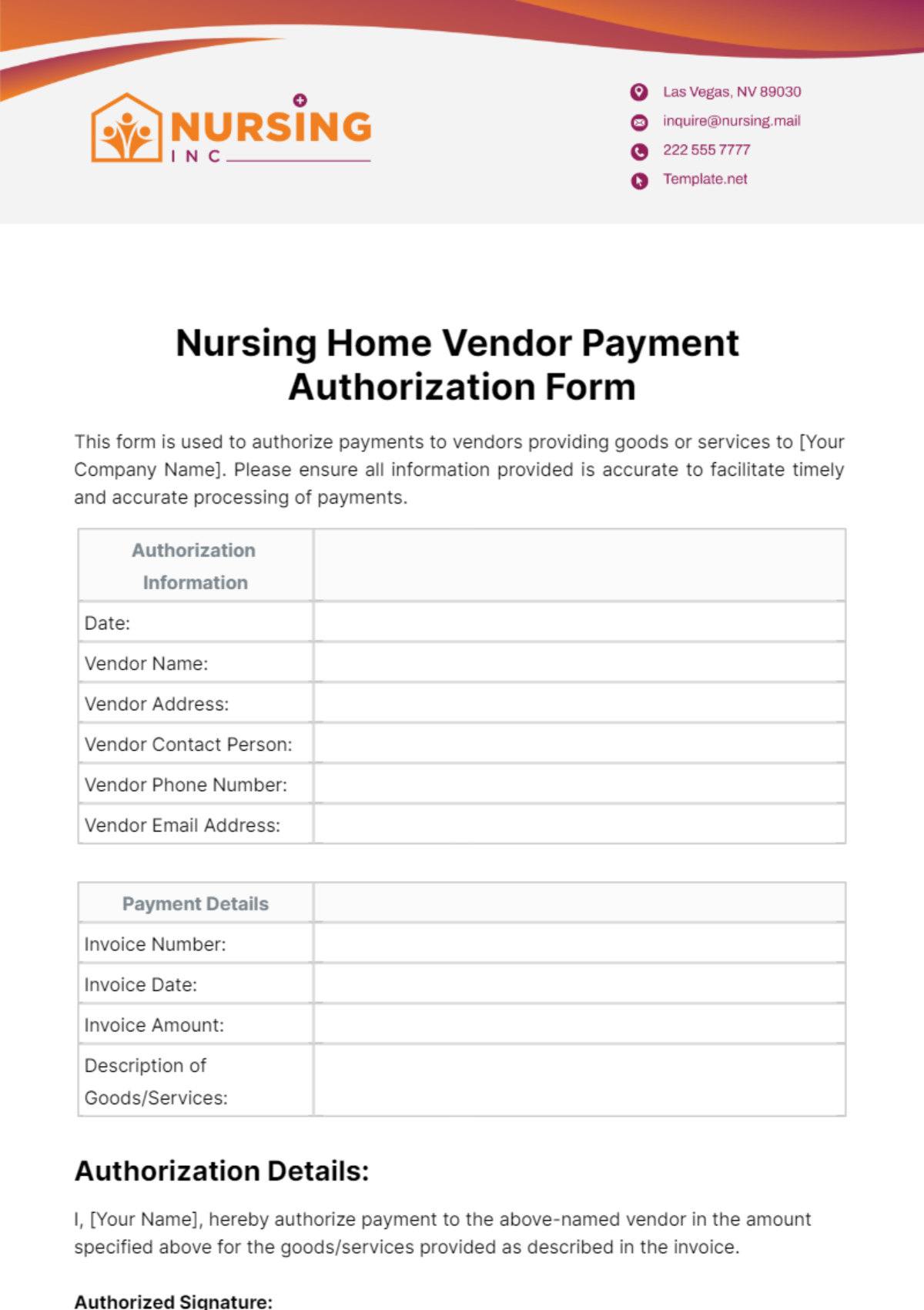 Free Nursing Home Vendor Payment Authorization Form Template