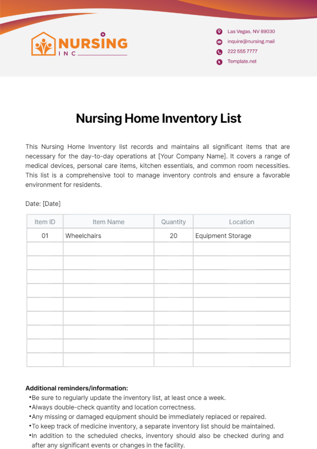 Nursing Home Inventory List Template