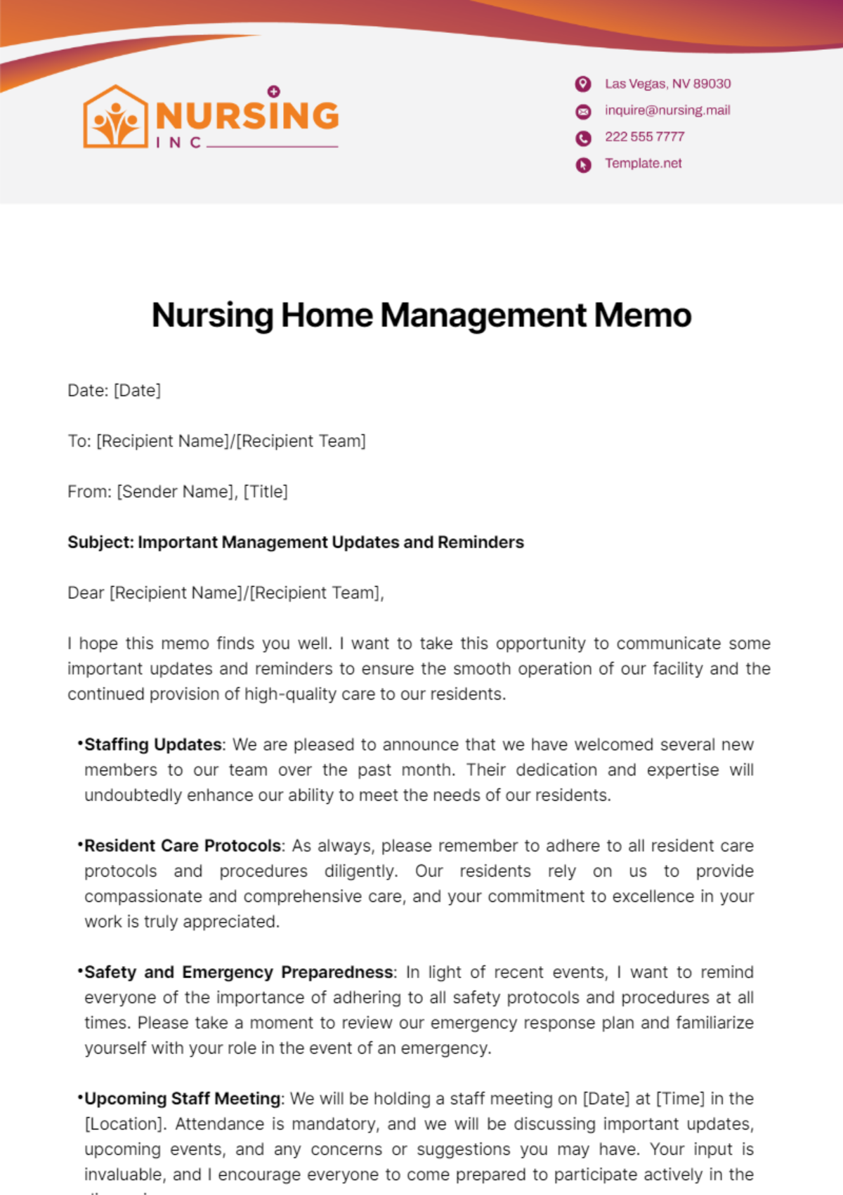 Nursing Home Management Memo Template
