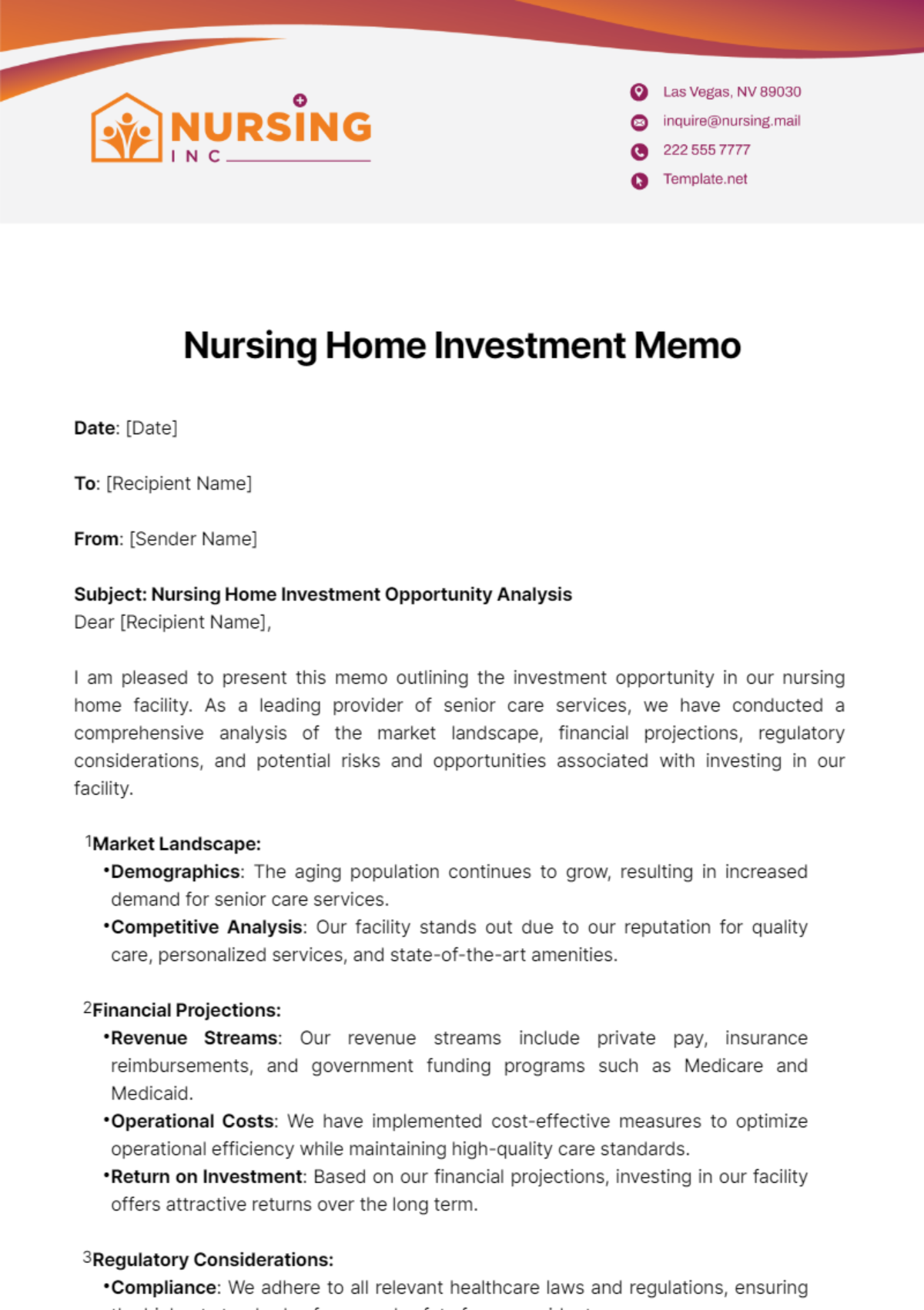 Nursing Home Investment Memo Template