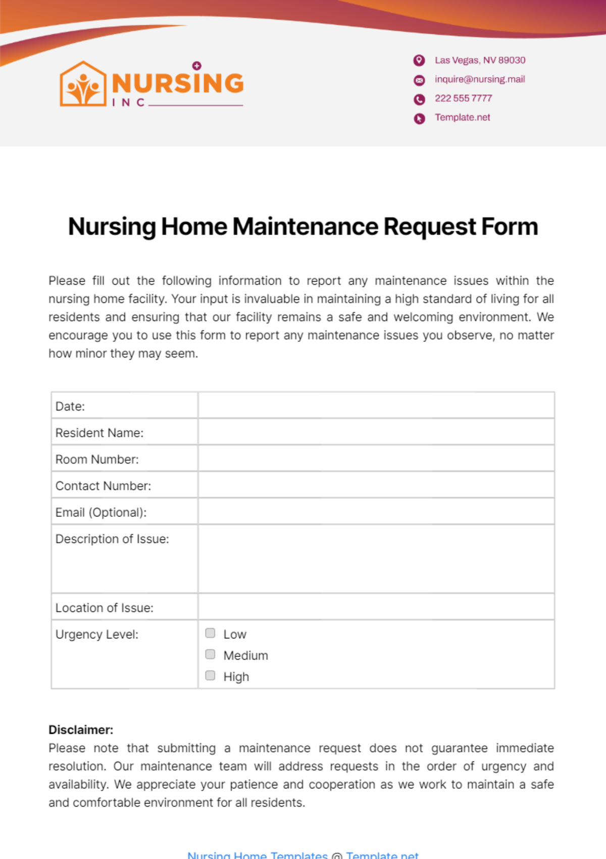 Nursing Home Maintenance Request Form Template