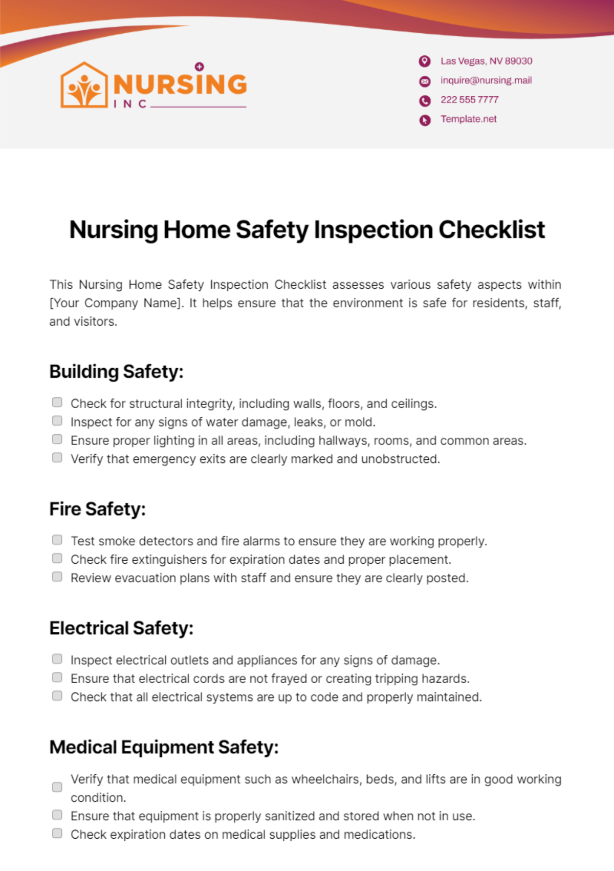 Nursing Home Safety Inspection Checklist Template