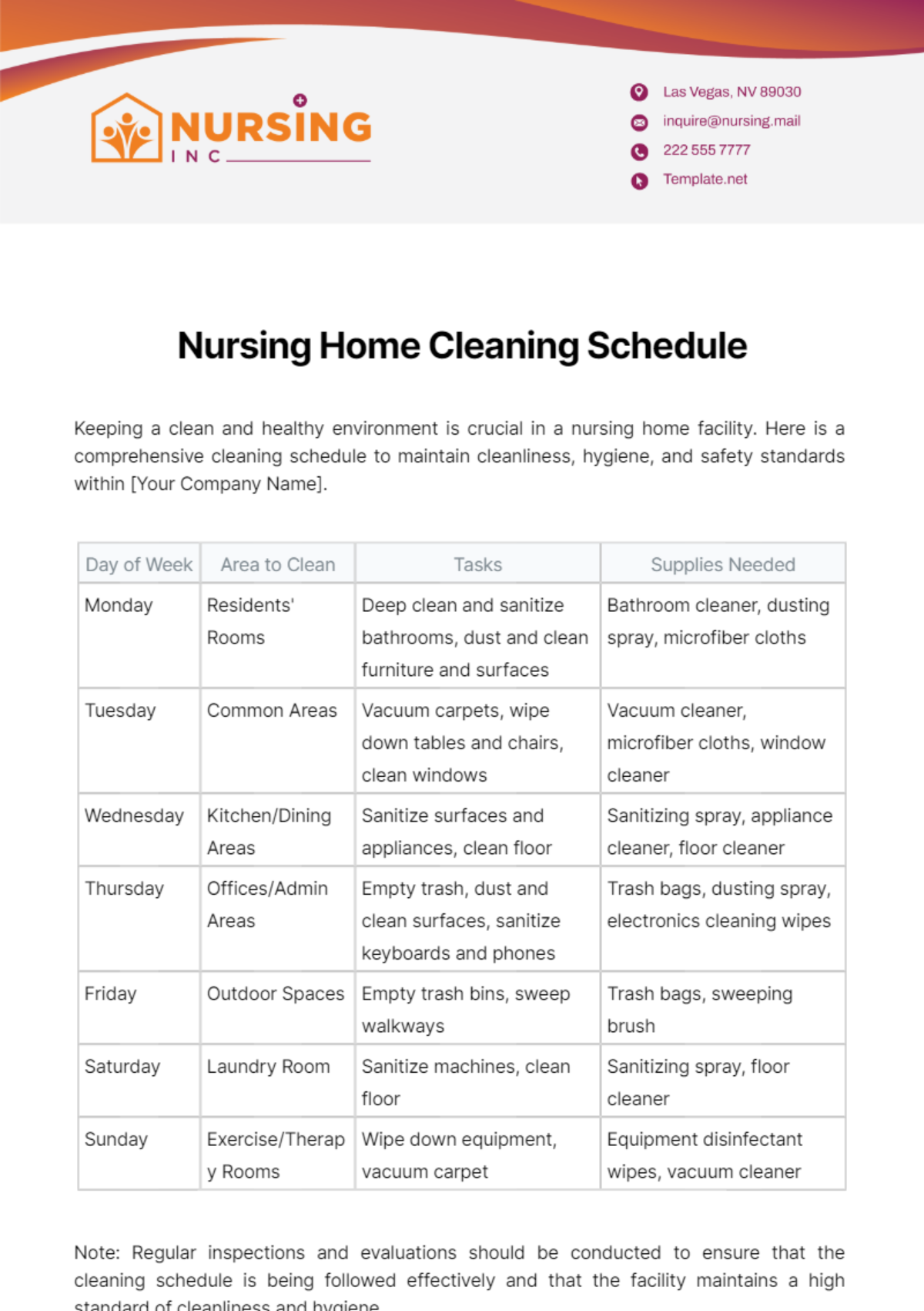 Nursing Home Cleaning Schedule Template