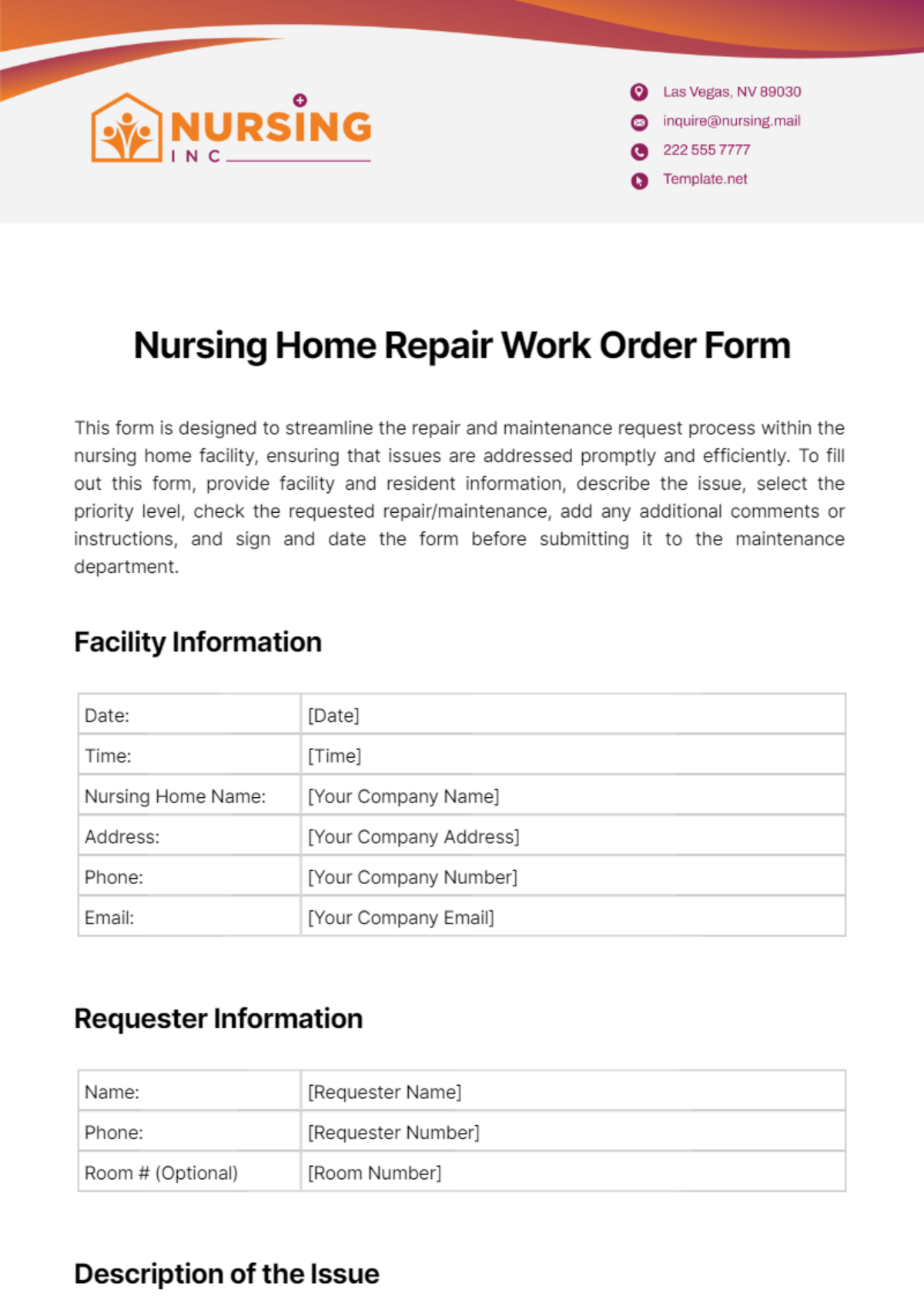 Nursing Home Repair Work Order Form Template
