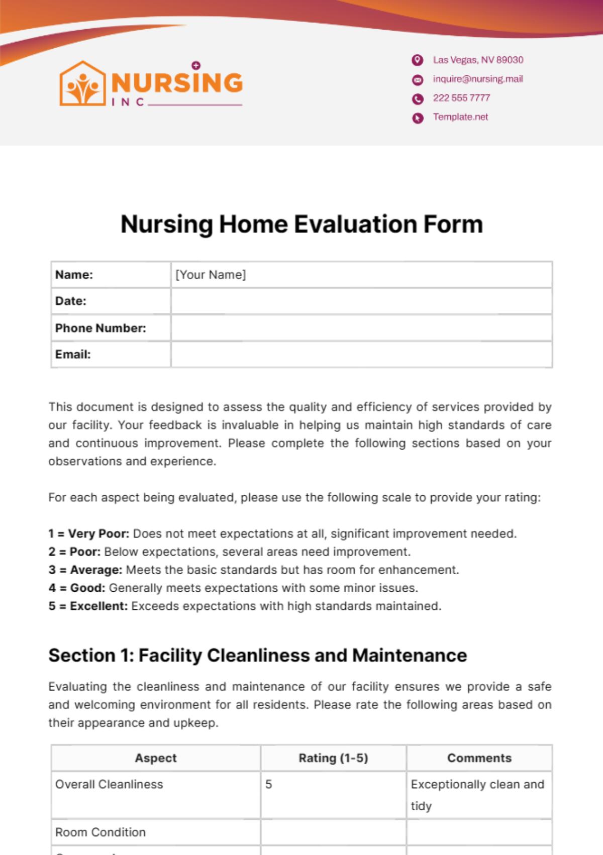 Nursing Home Evaluation Form Template