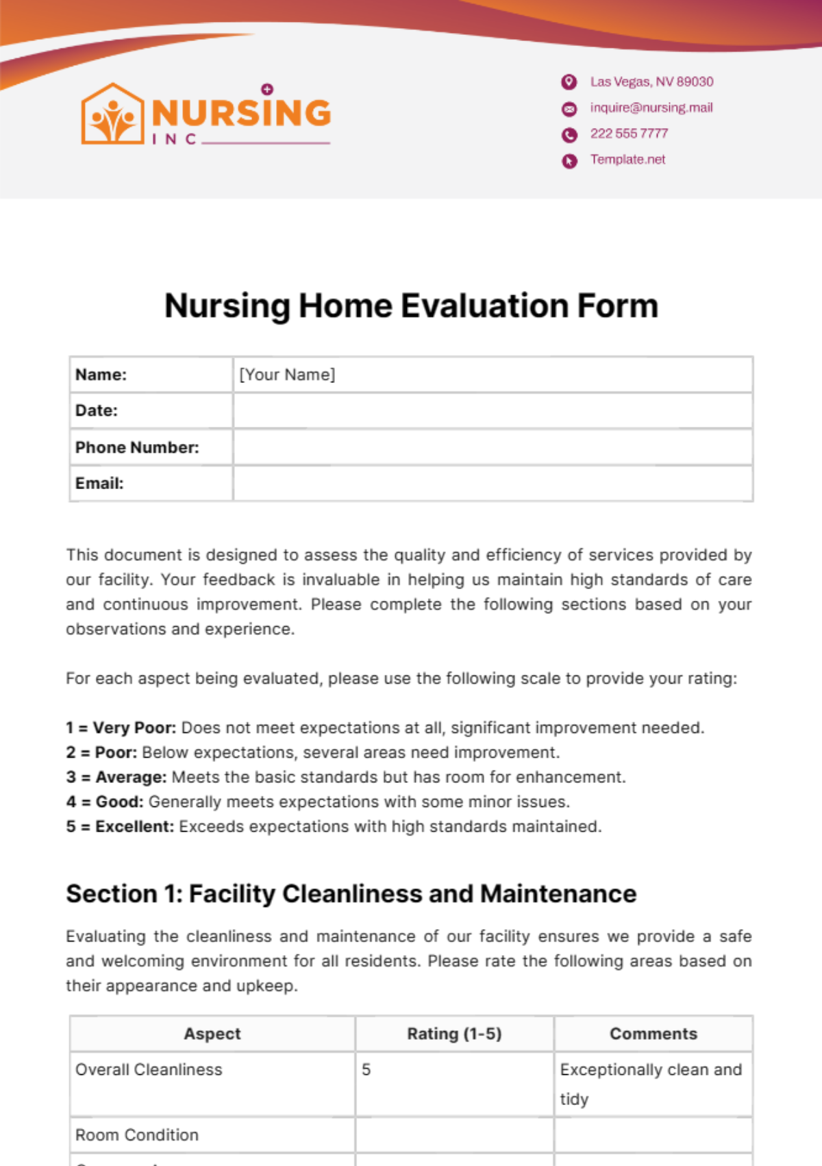 Nursing Home Evaluation Form Template - Edit Online & Download