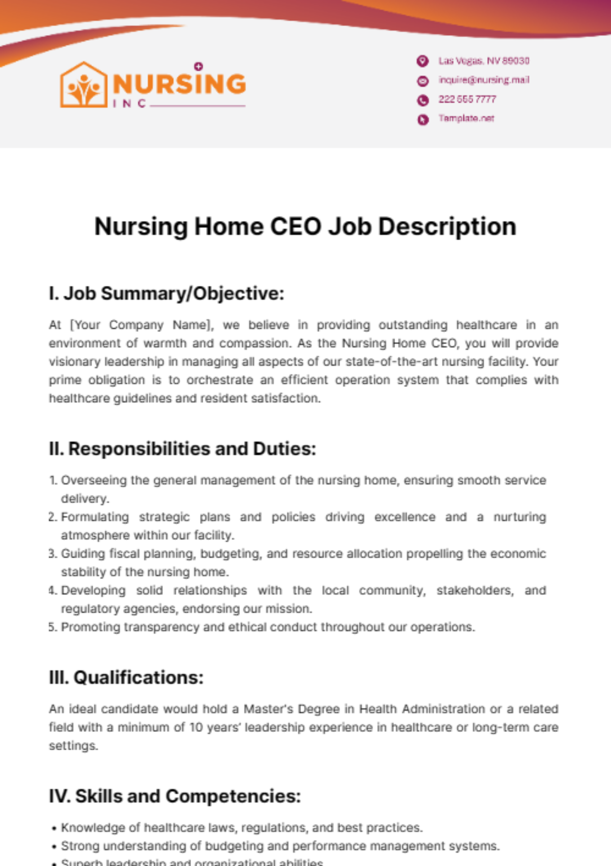 Nursing Home CEO Job Description Template