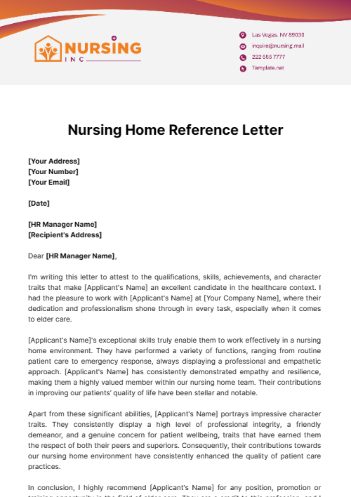 Nursing Home Reference Letter Template