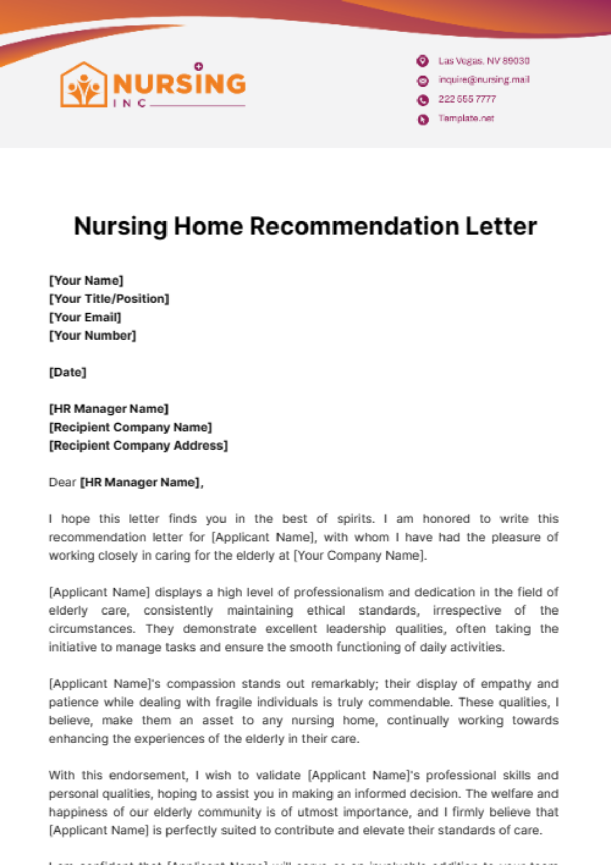 Nursing Home Recommendation Letter Template