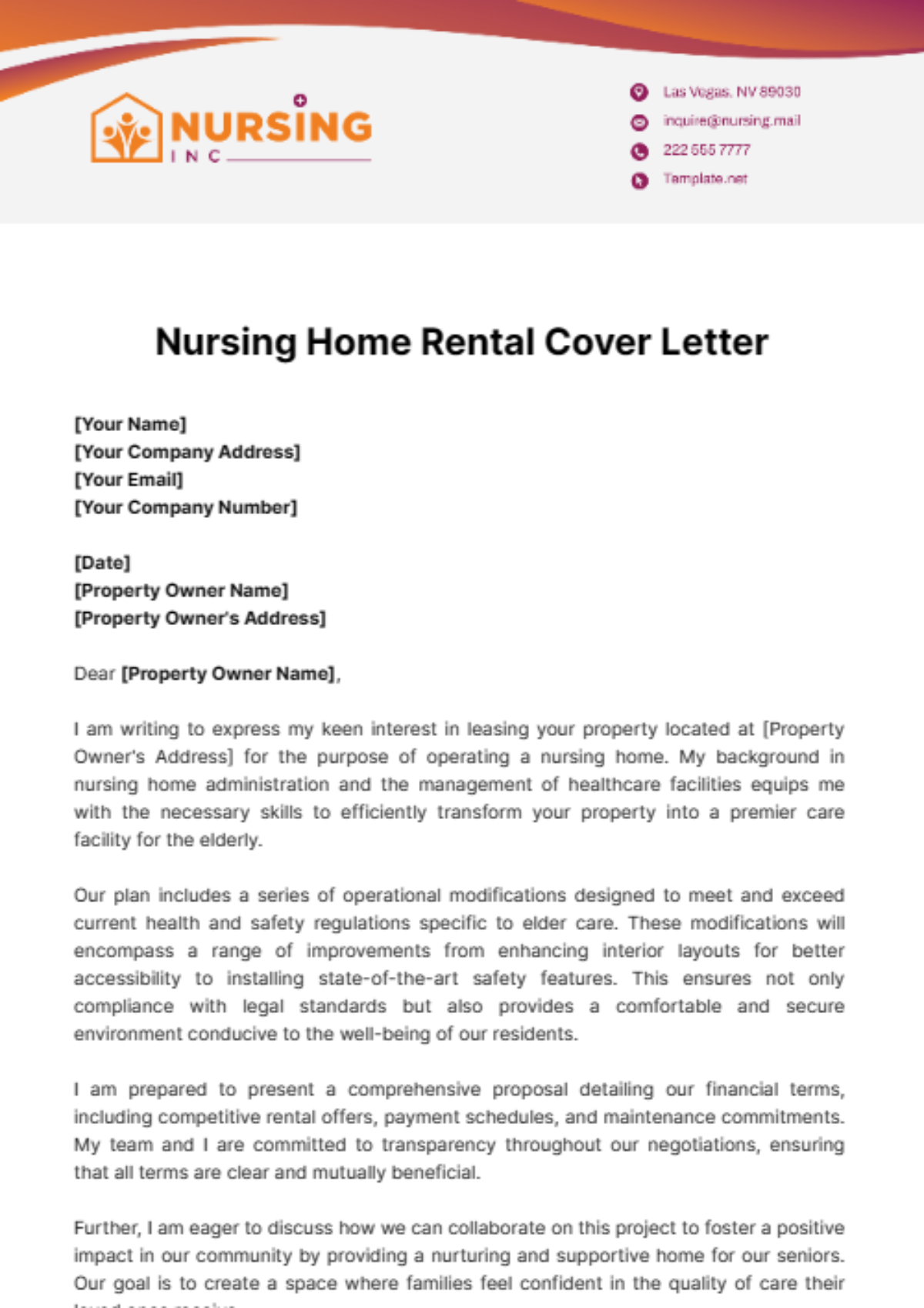 Nursing Home Rental Cover Letter Template