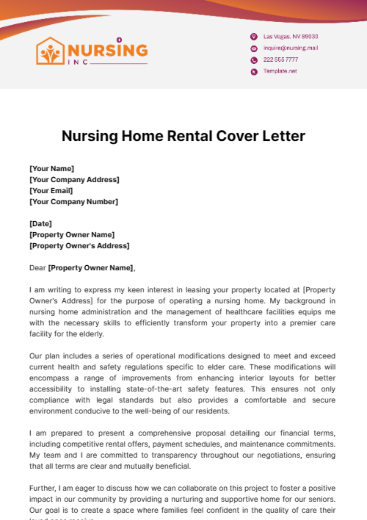 Nursing Home Rental Cover Letter Template - Edit Online & Download