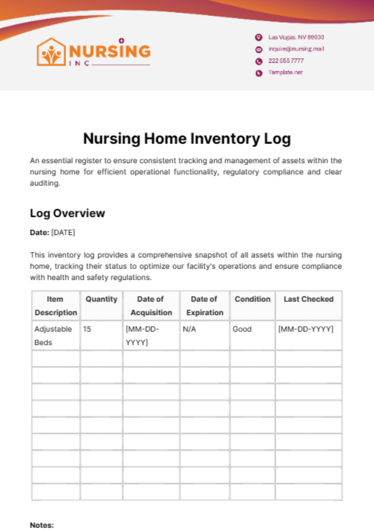 Nursing Home Inventory Log Template