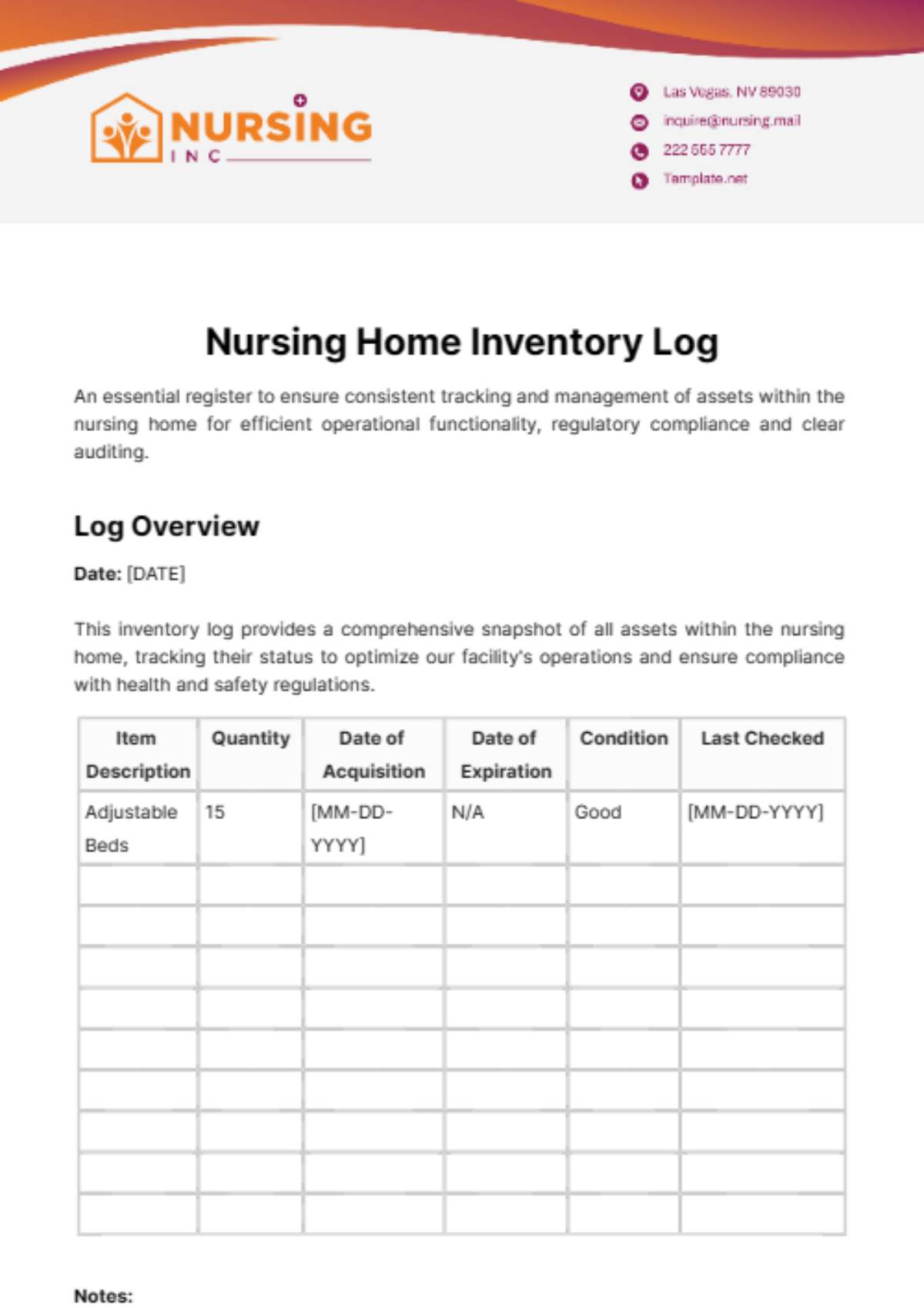 Nursing Home Inventory Log Template - Edit Online & Download