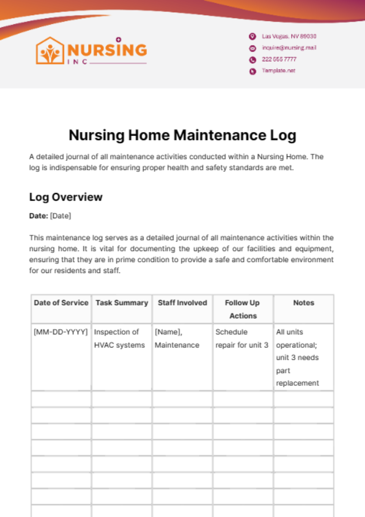 Nursing Home Maintenance Log Template
