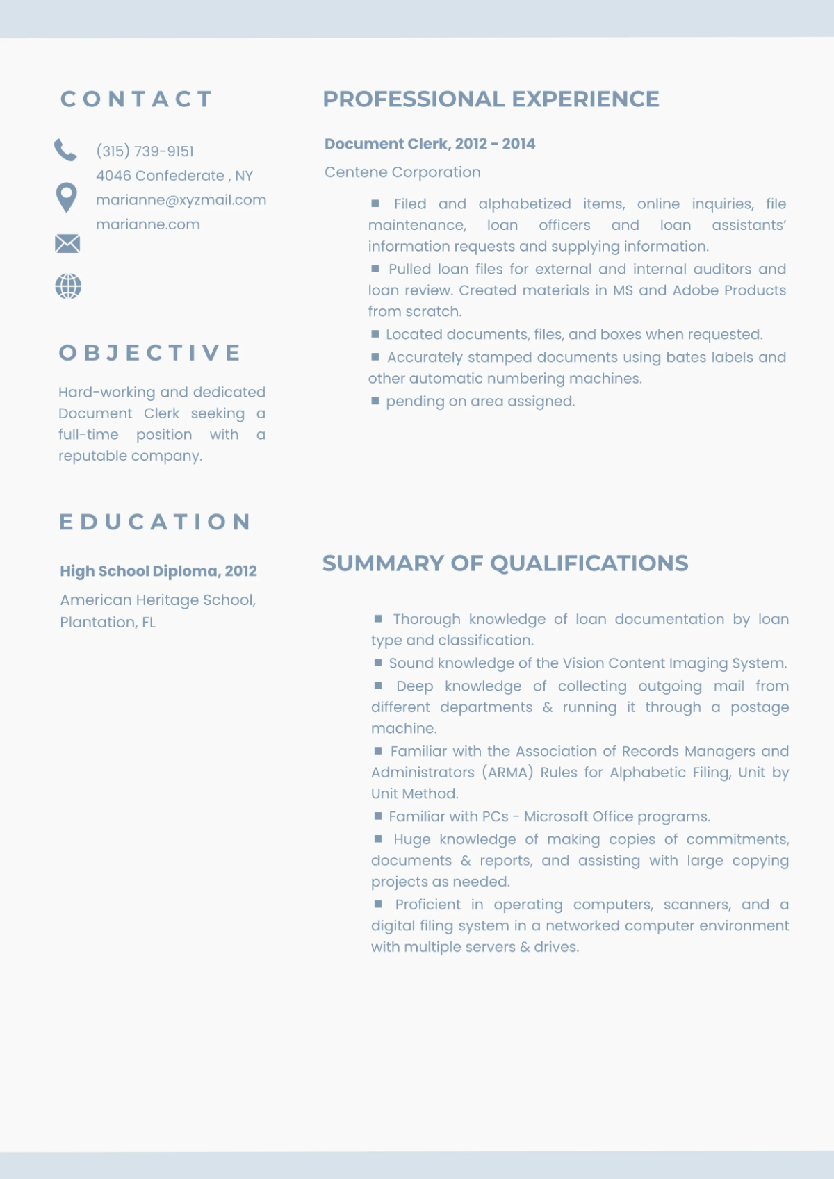 Free Document Clerk Resume Template to Edit Online
