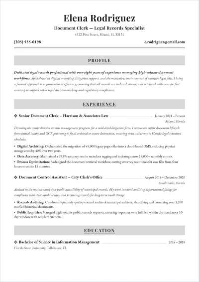 Free Document Clerk ATS Resume Template, AI Resume Builder