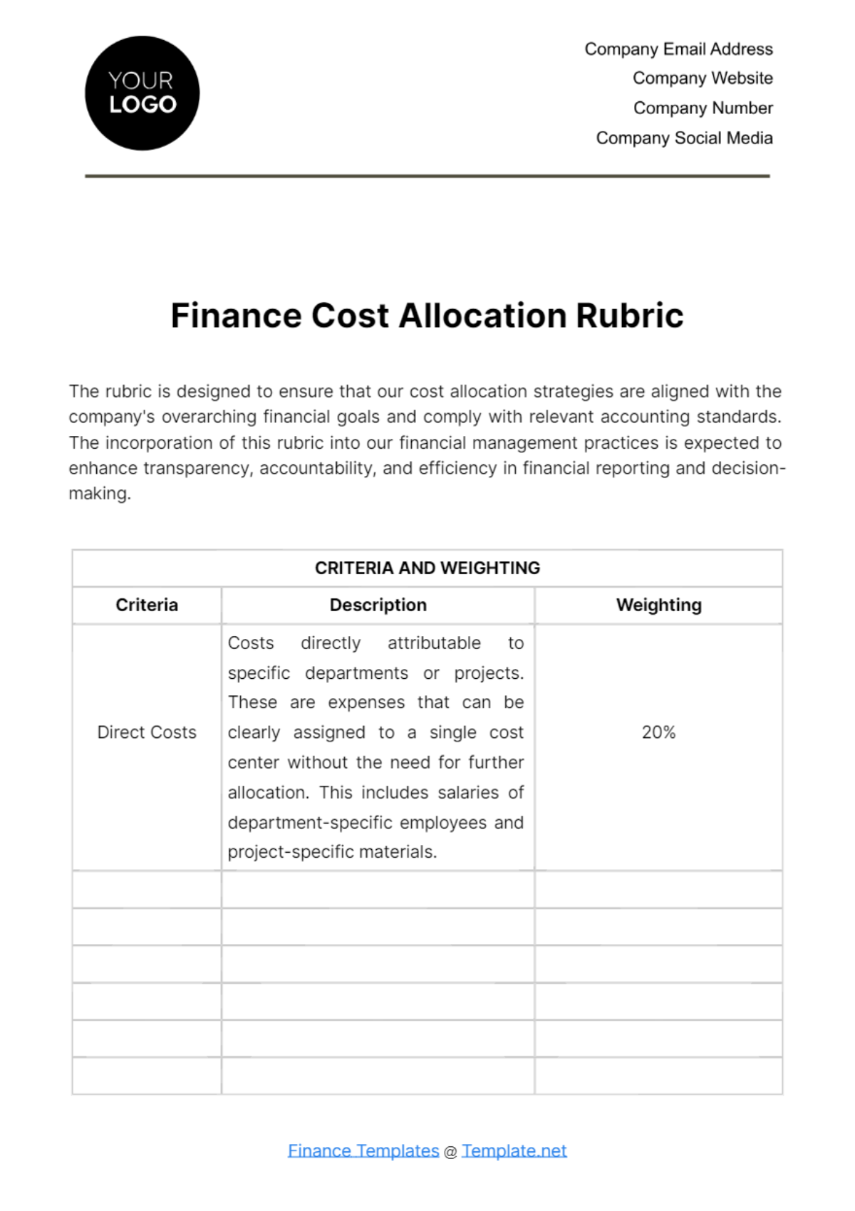 Free Finance Cost Allocation Rubric Template