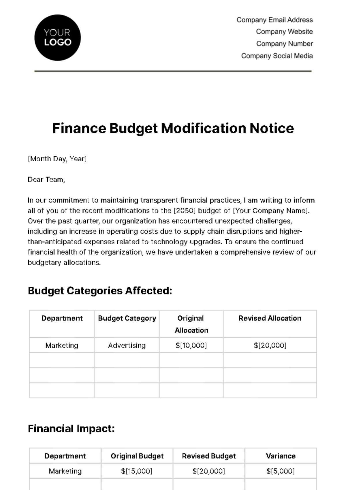 Free Finance Budget Modification Notice Template