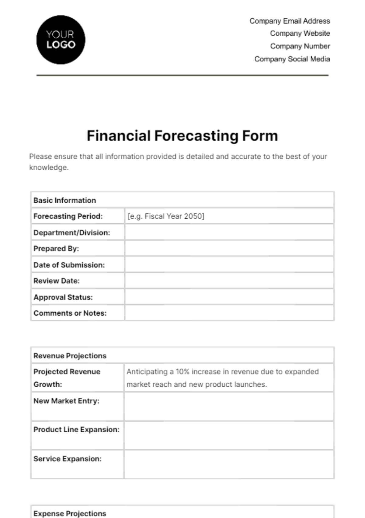 Free Financial Forecasting Form Template