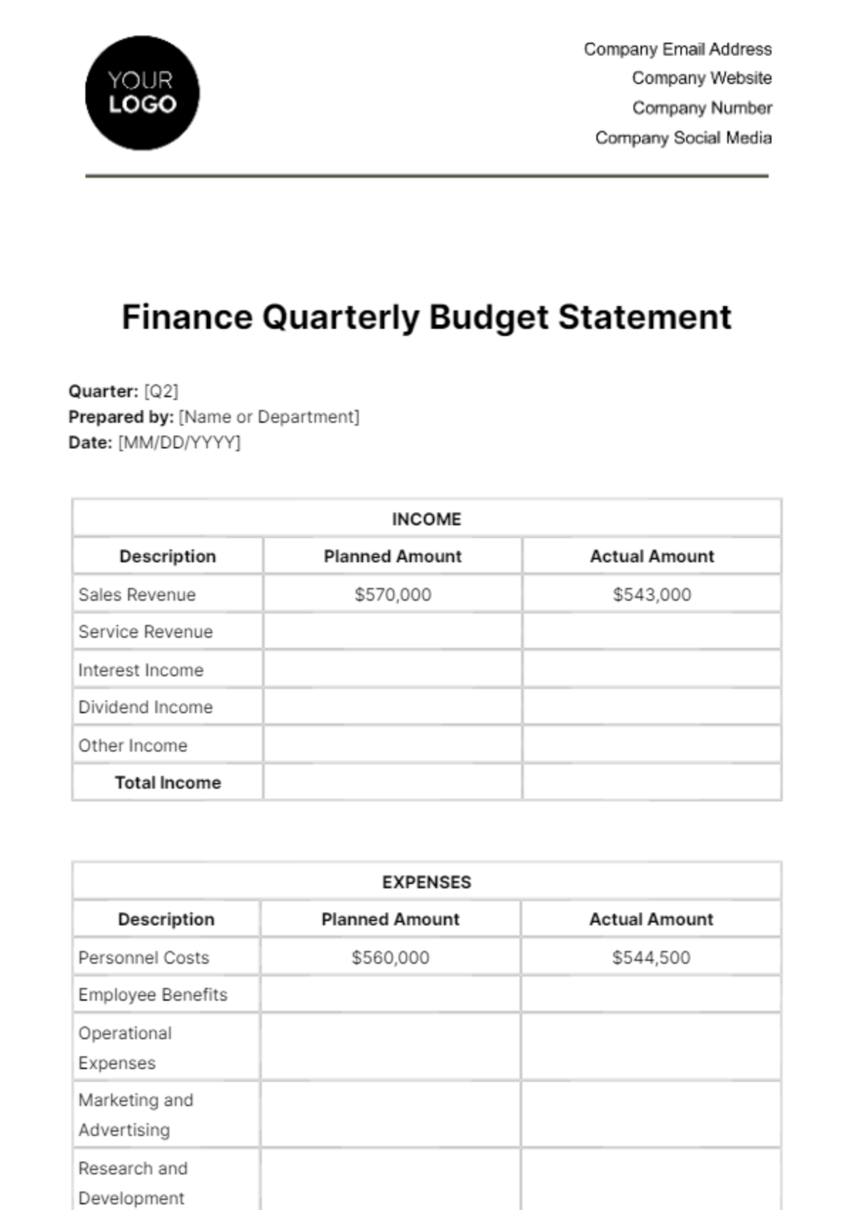Finance Quarterly Budget Statement Template