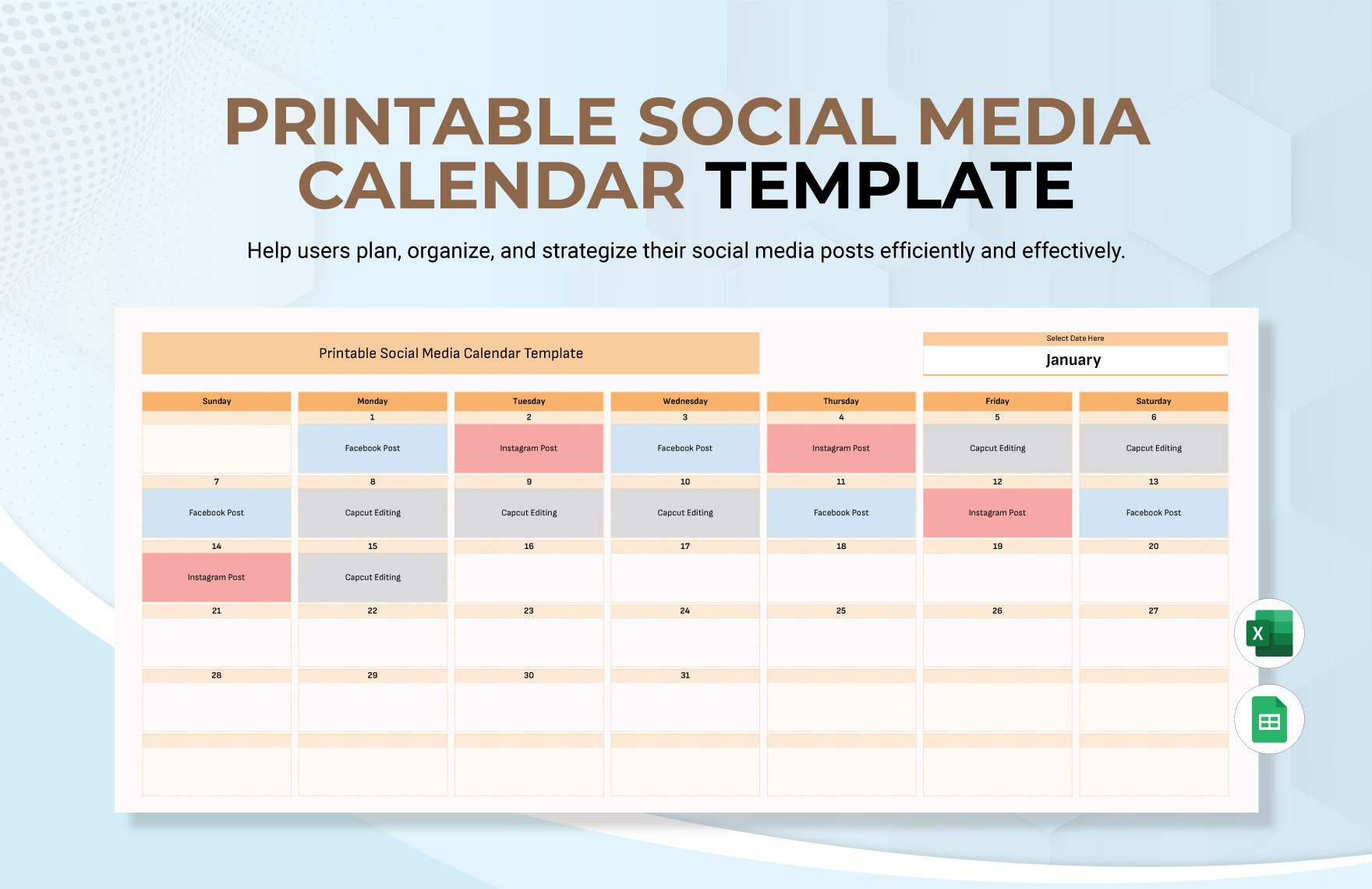 Printable Social Media Calendar Template in Excel, Google Sheets