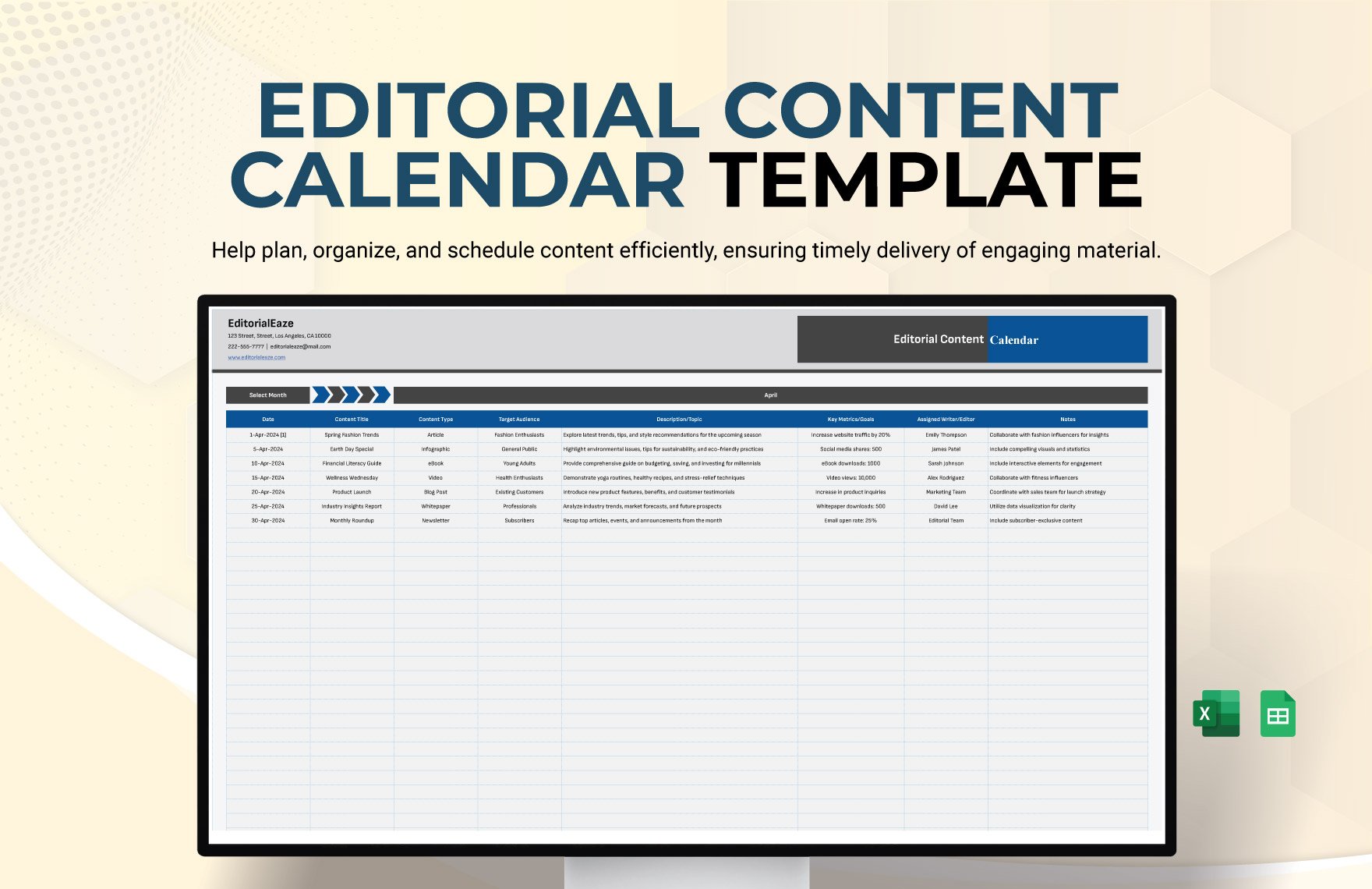 Editorial Content Calendar Template in Excel, Google Sheets