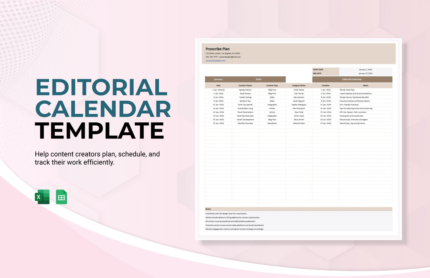 Editorial Calendar Template in Excel, Google Sheets