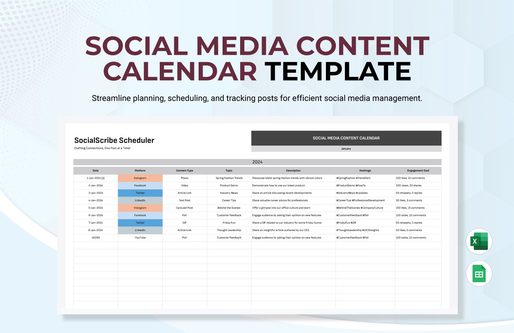 Social Media Content Calendar Template in Excel, Google Sheets