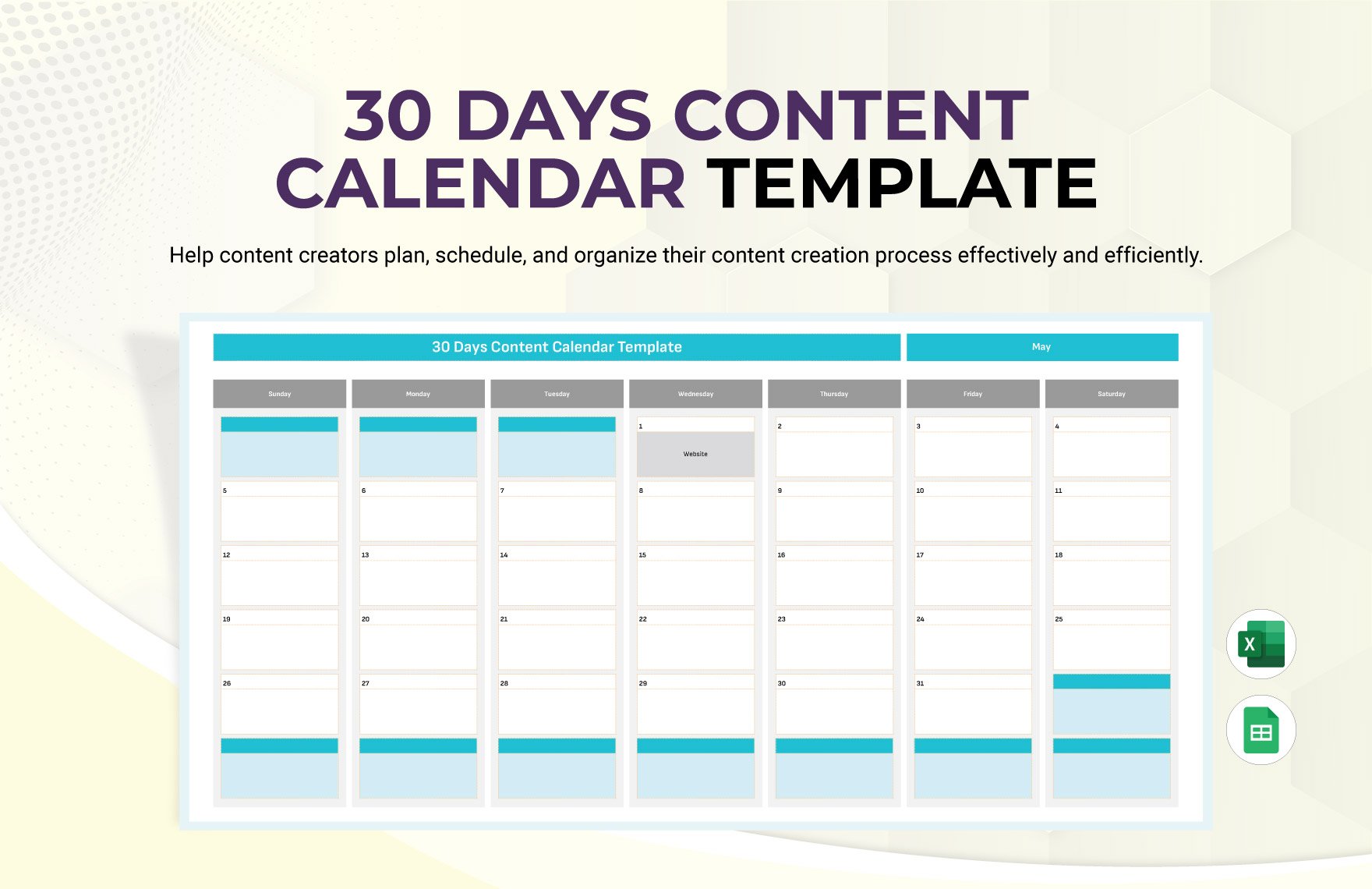 30 Days Content Calendar Template in Excel, Google Sheets
