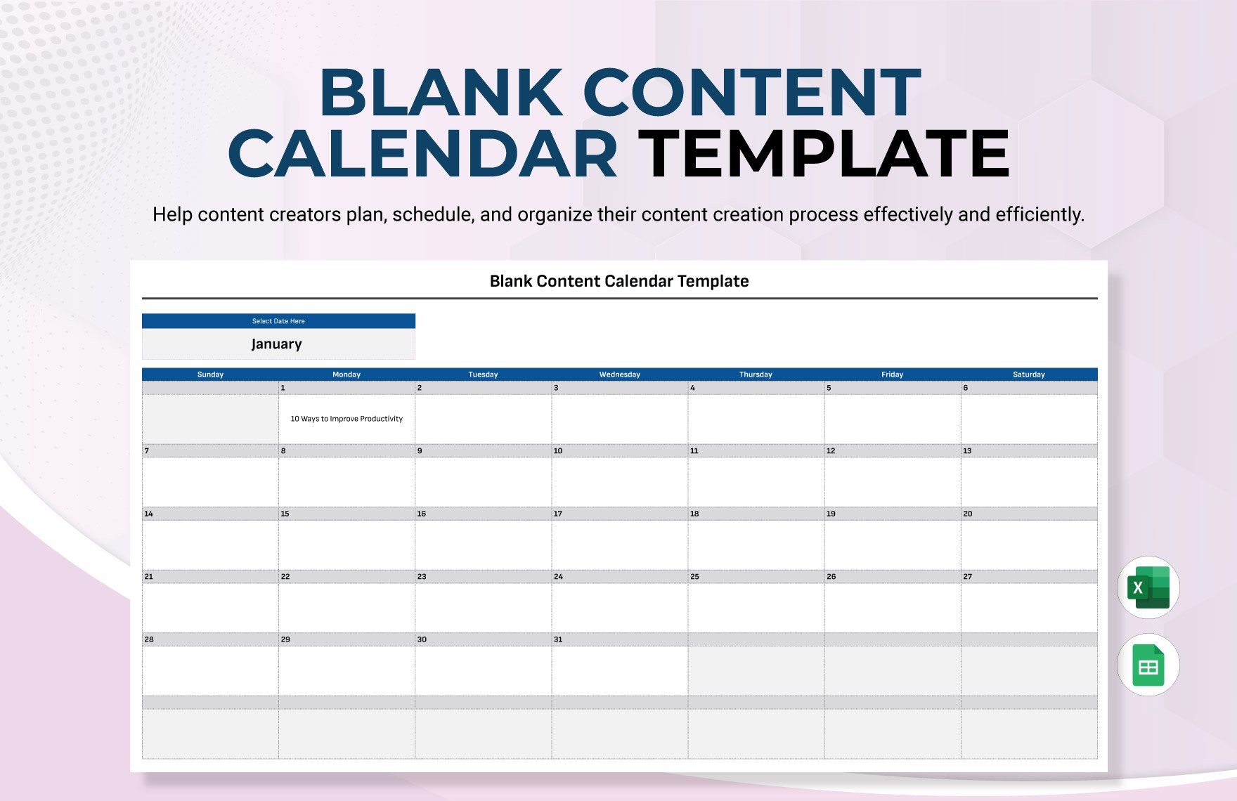 Blank Content Calendar Template in Excel, Google Sheets