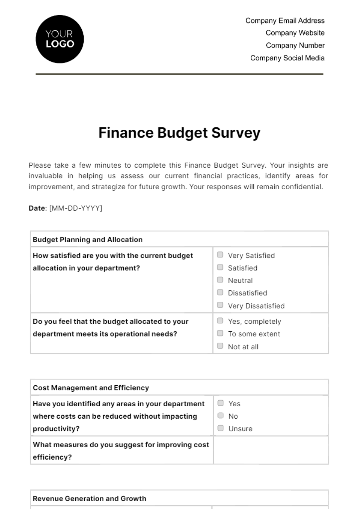 Free Finance Budget Survey Template