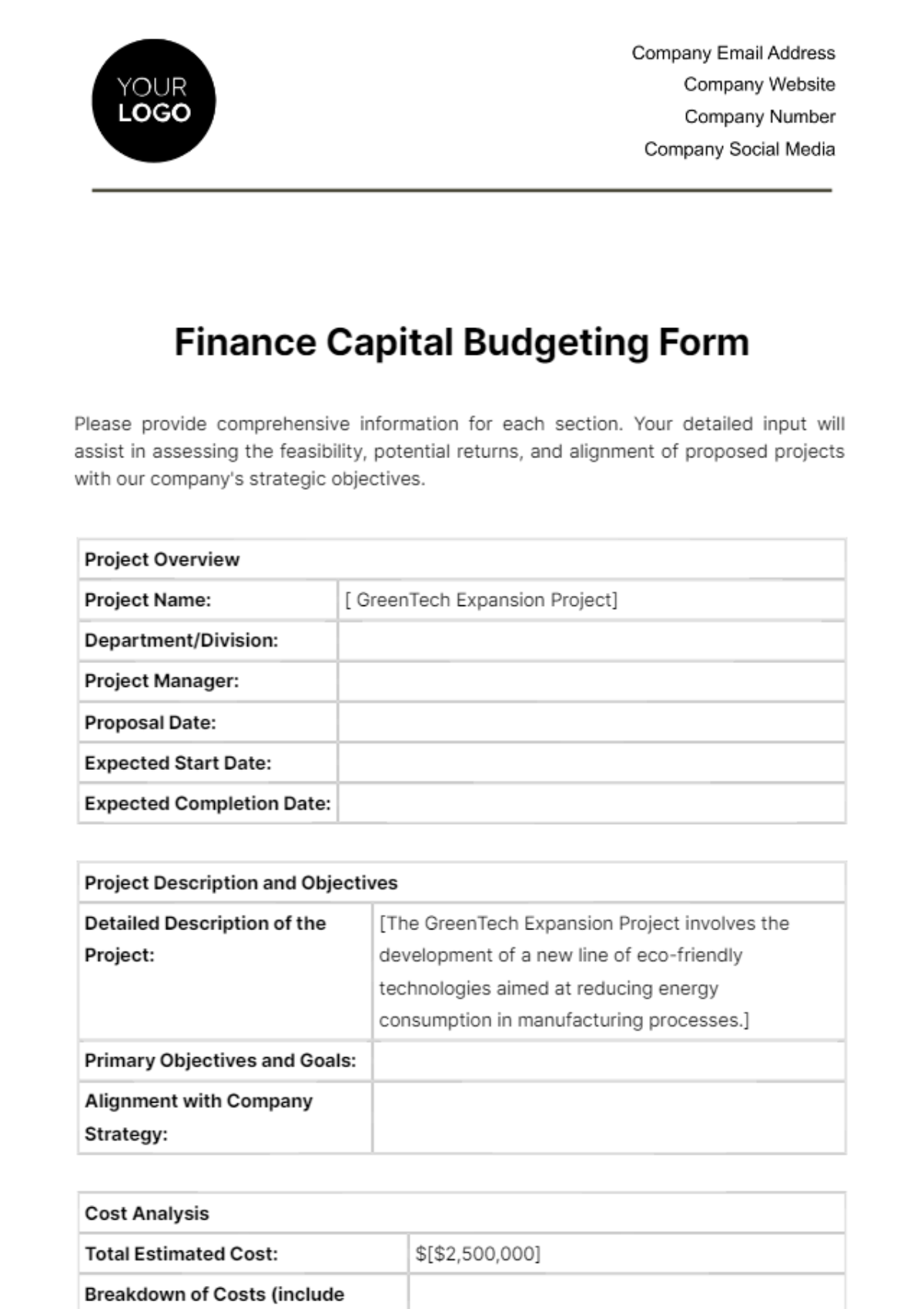 Free Finance Capital Budgeting Form Template